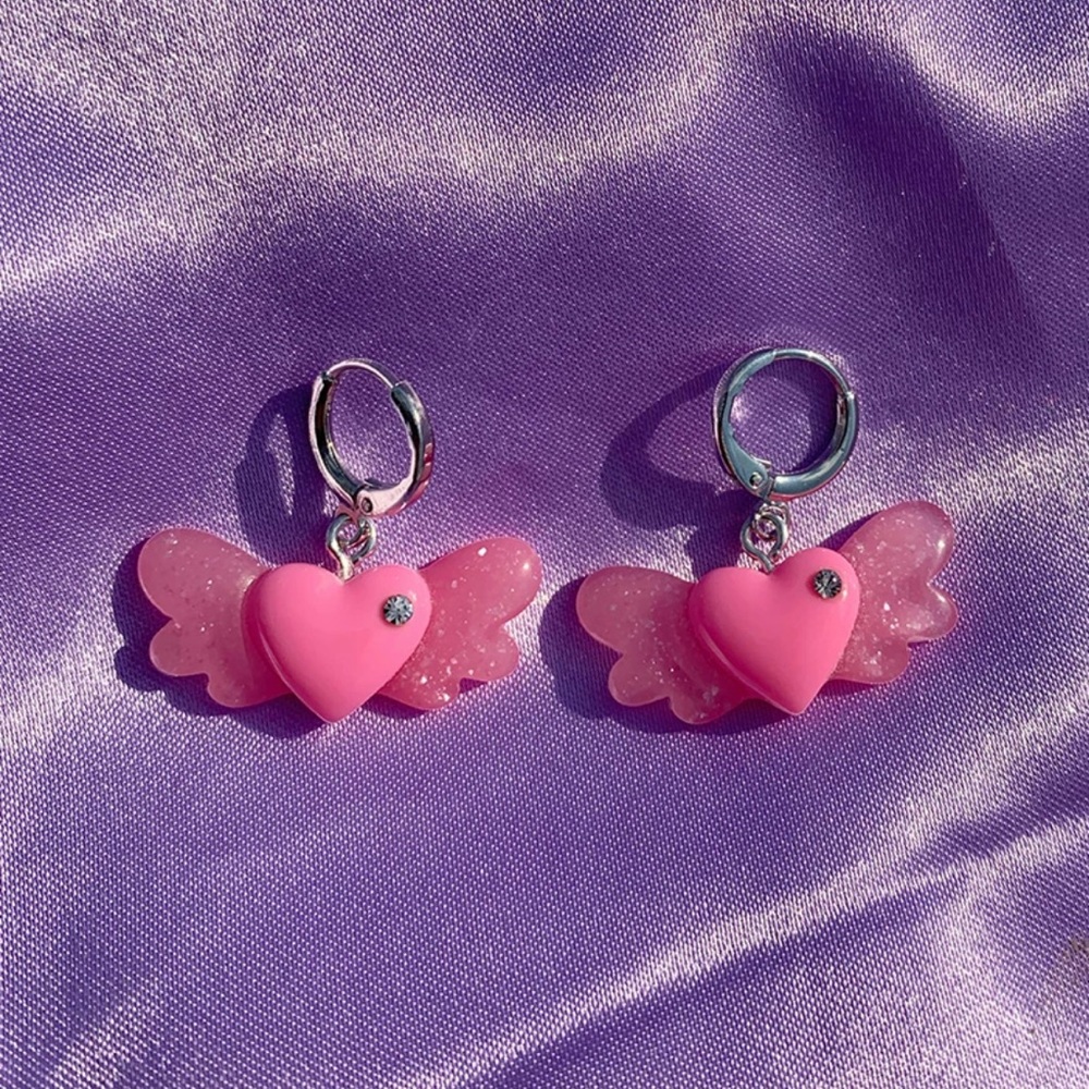 Baby Pink Handmade Heart Wing Dangle Earrings
